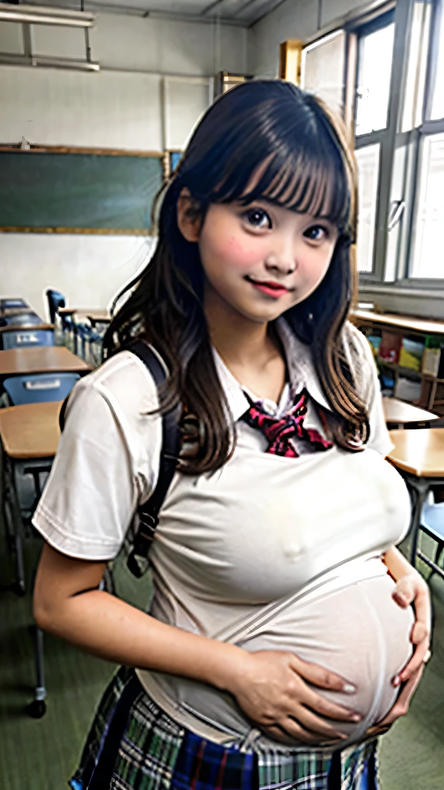 schoolgirl, pregnant, hugebreast, in classroom