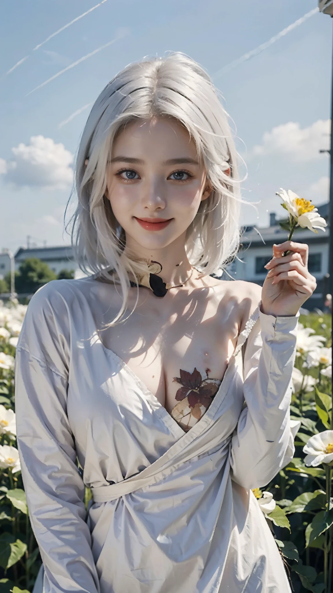 masterpiece, best quality, 1girl, white hair, smiling, looking at viewer, adult, fully mature, holding flower, naked