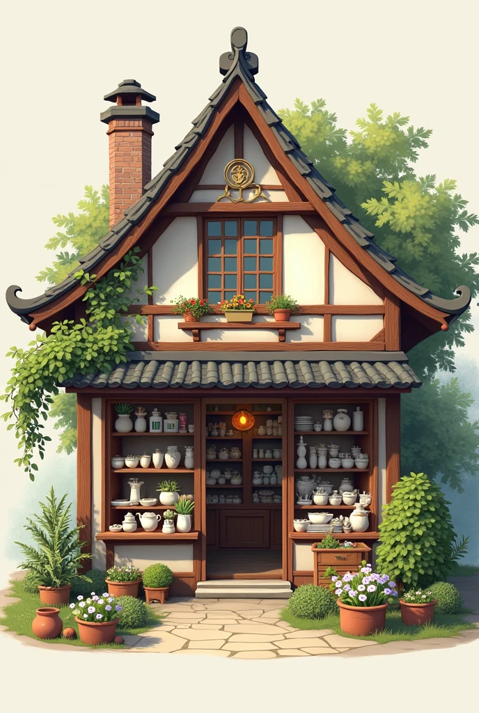 I want a store that sells small ceramics and is well decorated, I want to see more of that store,I want to see from another perspective from outside that the tent is wider on the sides and that it has a nice roof., that the store is single-story