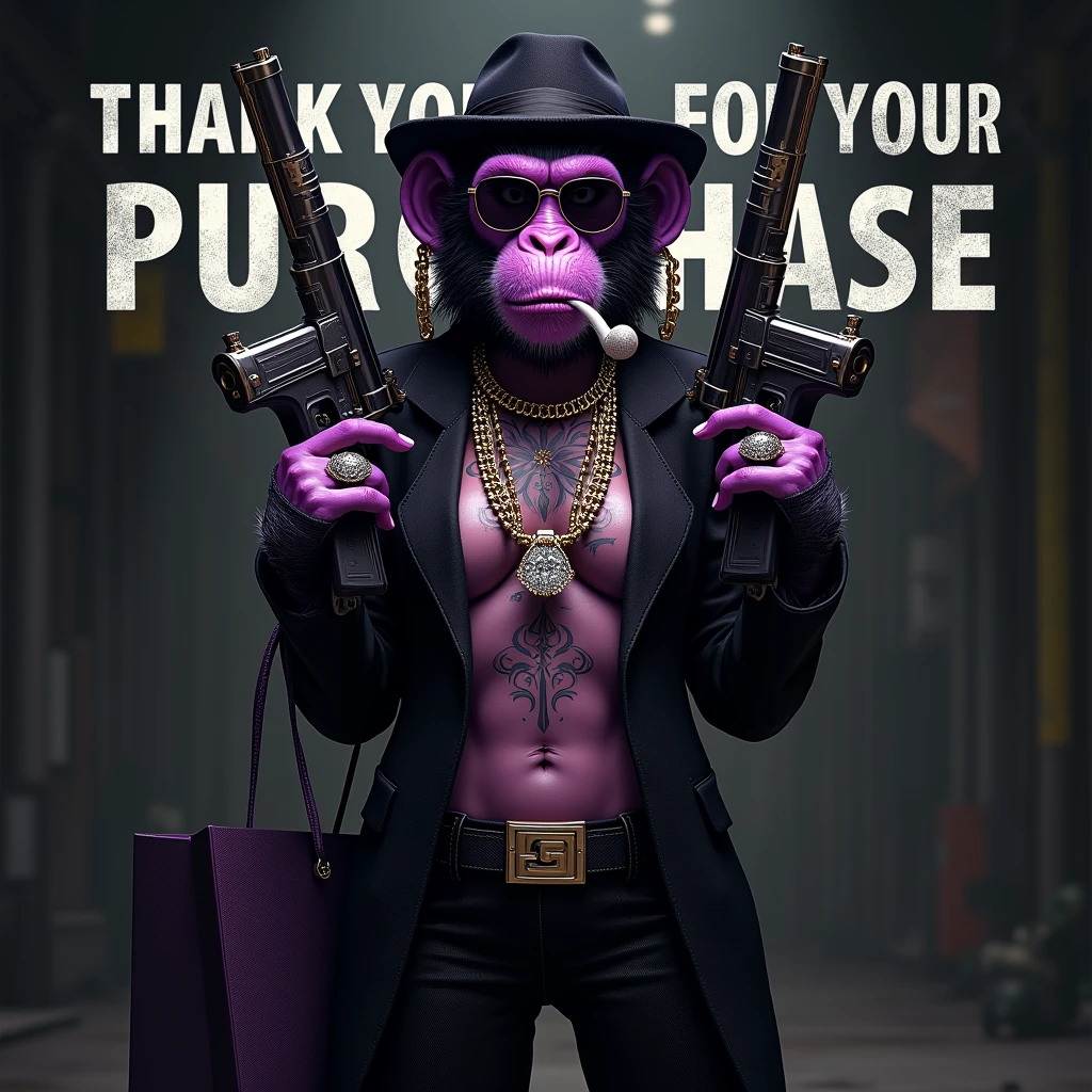 1 female purple monkey, With giant and high-caliber weapons, in a black gangster suit with chains, hat and glasses, tattooed, with huge diamond and gold rings, smoking with a pipe, with a shopping bag. A text that says "Thank you for your purchase"