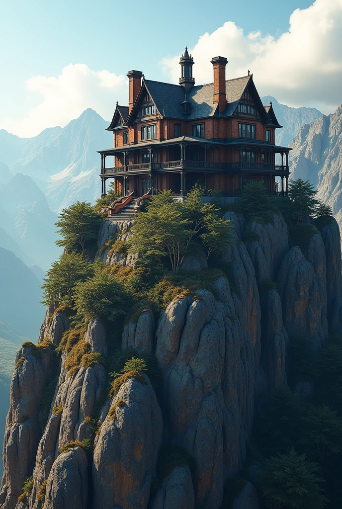 Generate a mansion located in middle of mountain. The mansion colour is brown and black.mansion is located at tip of middle of mountain