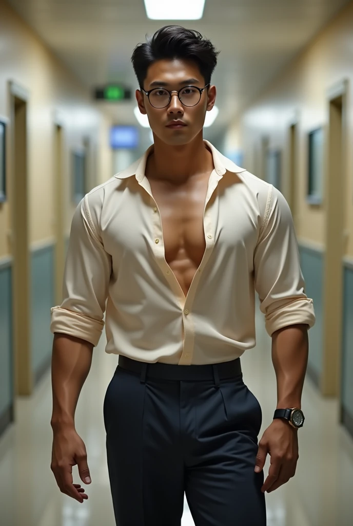 Korean gentleman,super big breasts ,tanned skin,clean shave,walk the hallway,Handsome and elegant,wear glasses, sexy , Masculine and handsome，musculous，Muscles look good,,, Full body photo,(ultra-detailed, photorealistic, best quality, 4k, 8k, highres, masterpiece:1.3),charming and distinguished , (muscular build body), wearing tailored shiny  dress light colored shirt,  open chest shirt, showing off body, toned abs and full chest,show off panty waistband,sweat,, lewd face ,tight chest, sex,, erotic, horny, , Accessories include a luxury wristwatch, in school‎,looking at viewer,muscle veins,unbutton,six pack,hyper-realistic,