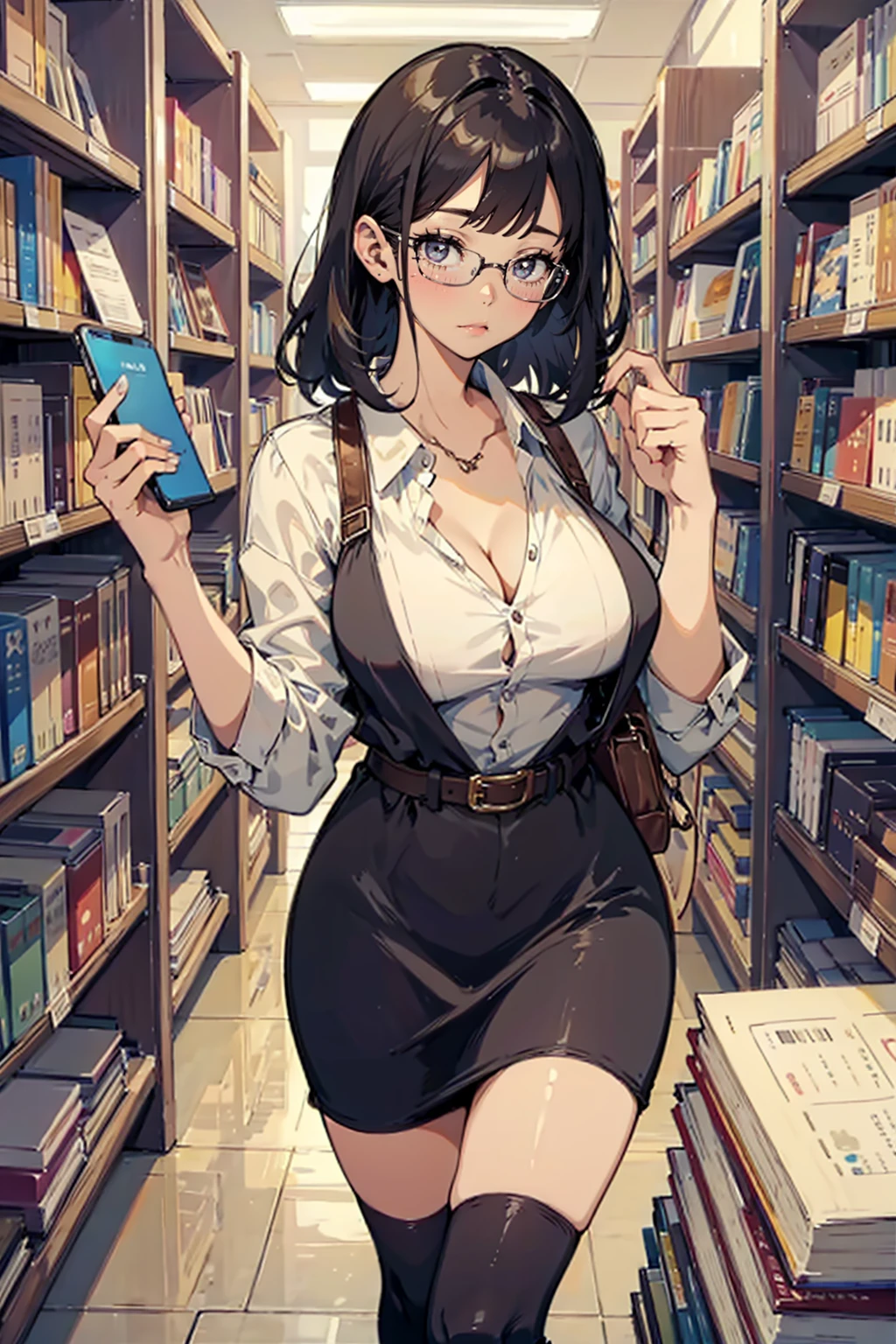 1girl,solo,cute,big breast,cleavage,librarian,hold a mobile phone,in library,around books,bookshelf