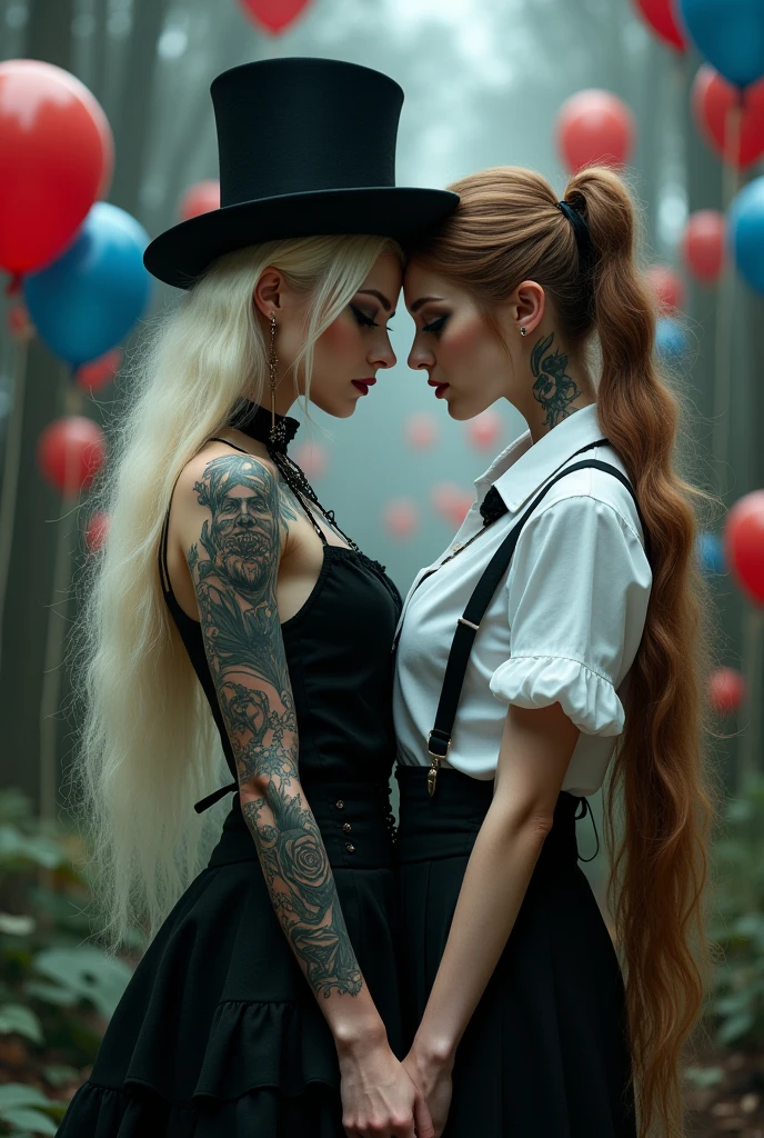 Two women, one with long blonde hair and tattoos wearing a black top hat, white shirt, and suspenders holding hands with the other woman who has extremely long wavy light brown hair in pigtails, both of them have gothic makeup standing next to each other surrounded by balloons in a dark fantasy fairytale aesthetic style.