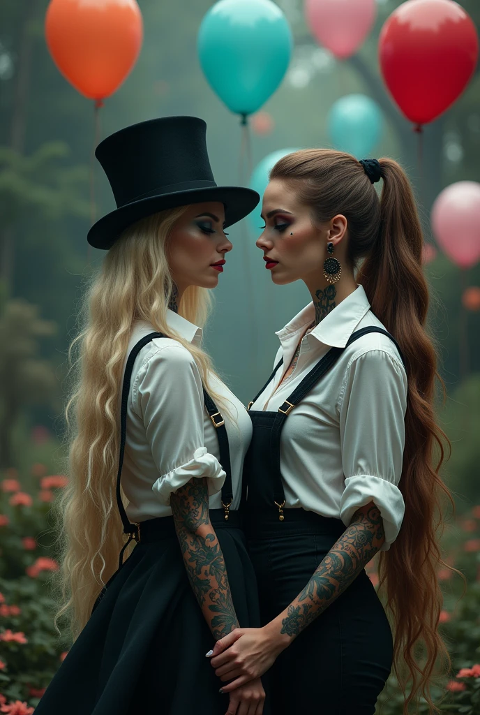 Two women, one with long blonde hair and tattoos wearing a black top hat, white shirt, and suspenders holding hands with the other woman who has extremely long wavy light brown hair in pigtails, both of them have gothic makeup standing next to each other surrounded by balloons in a dark fantasy fairytale aesthetic style. 