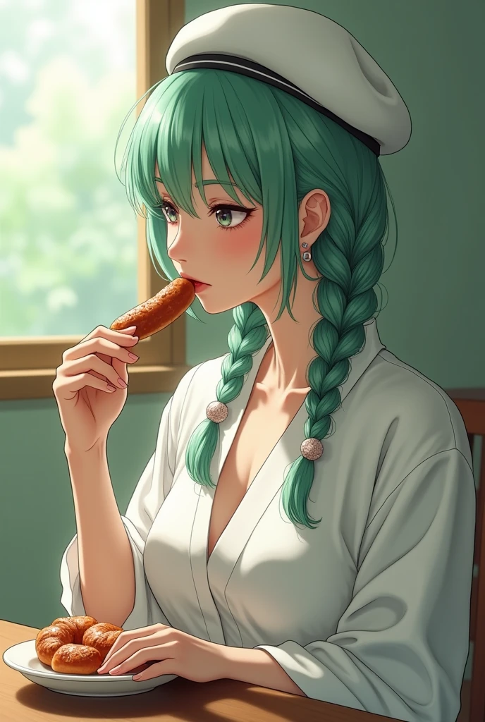 One person, (Sagging under the eyes:1.5), Mint green hair, twin_Braiding, White Beret, White shirt, The chest is large, valley, Open mouth eating sausage, profile, On all fours, Japanese women