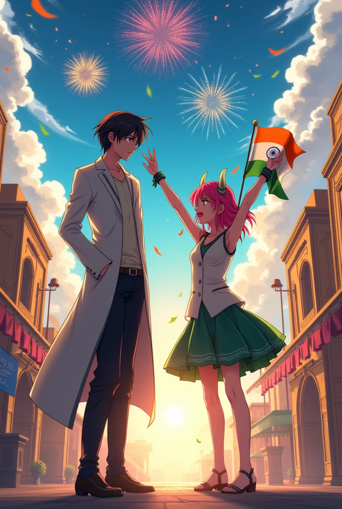 A anime world and anime character's, light yagami , zero two from darling in the franxx they celebrate 15 August independence day from India k
