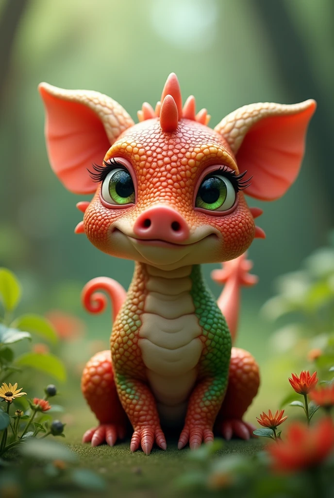 A small cute red green dragon with a pig nose
