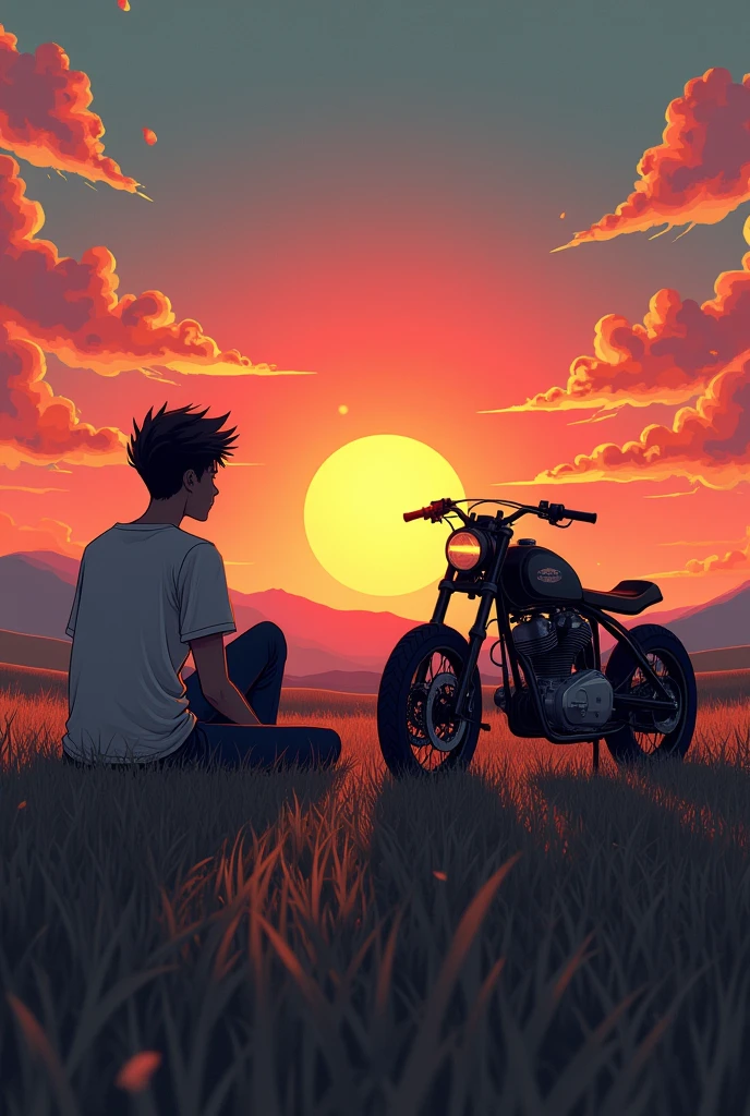 Create a high quality phone wallpaper in which a travelling boy is sitting on grasses behind his motorbike,his bike is parked behind him and looking at the gorgeous sunset across the mountains
Wallpaper should be long enough to fit in android phone screen remove the mountains and add grassland and clouds
Make the bike more cool and make the boy looks depressed
Make the boy more depressed, add more clouds and the bike should be a bobber make the boy sitting on grass and looking ar sunset
Make it long enough to fit my display