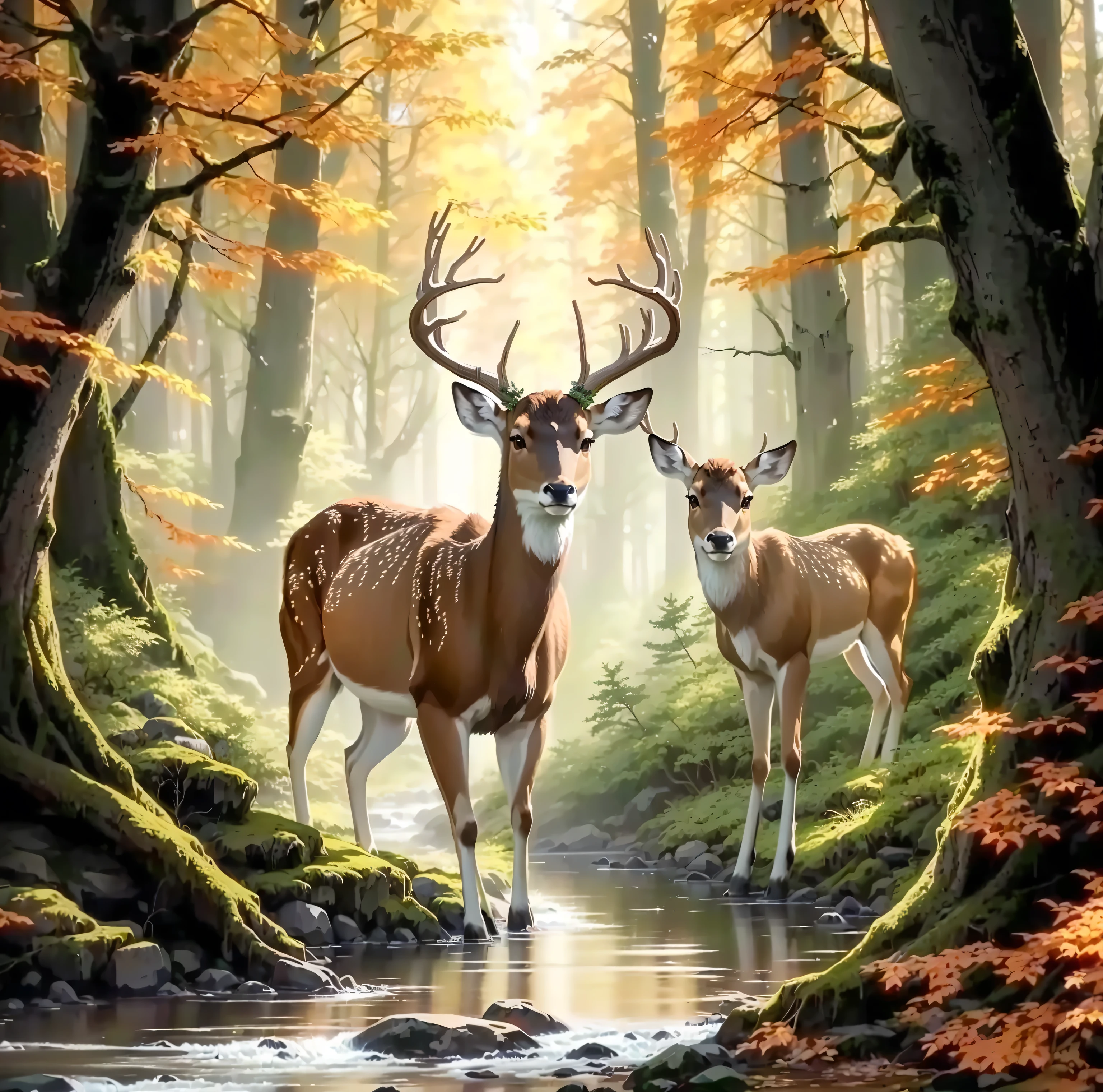 deer in the forest,Digital Painting, detailed beautiful animals, deer, Looking majestic in the forest, Deep in the forest, amazing depth, HD art, Beautiful nature, author:Scott Gustafson, Works by David Small, In a peaceful forest setting, author:Darrell Riche, Beautiful forest scenery, Inspired by Terry Redlin, In a picturesque forest diorama