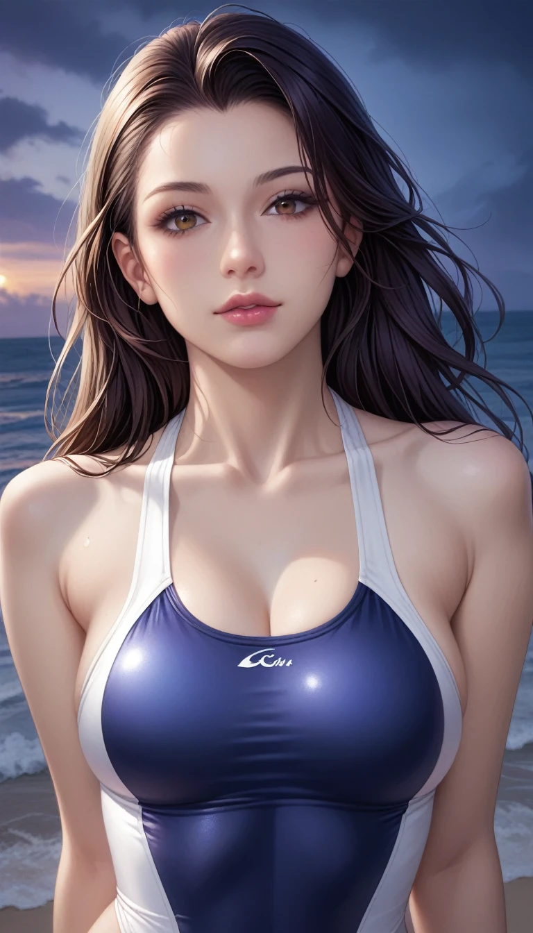 score_9, score_8_superior, score_7_superior, High-resolution CG illustration,A masterpiece in 32K resolution,Highest quality,it is really amazing,Very detailed,Ultra-high resolution,Ultra-realistic,Realistic,Increased depth of field,Cinematic lighting,
Sexy mature Japan woman,
Straight long hair with black hair,Ultra-detailed and beautiful face,Calm and gentle look,Beautiful brown eyes,Translucent white skin,Realistic skin texture,Great proportions,
Sexy high leg swimsuit,
Artistic design,Chic color scheme,Detailed fabric texture,
Dark overcast sky on a dull night,Dark clouds filling the sky,Thundercloud,Coastline at night,Stormy seas,delay々A desolate sandy beach that continues,
Cinematic Angle,