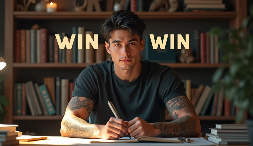A young man with short dark hair and light skin sits at a desk, wearing a dark t-shirt. He has several tattoos visible on his arms and is positioned in front of a wooden bookshelf filled with books. The word WIN is prominently displayed in the center of the image, creating a motivational theme. The setting appears informal and inviting.