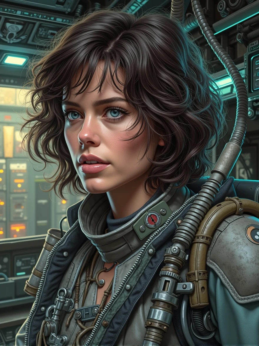 cinematic neon punk portrait of 24 yo [Sigourney Weaver:Kaya Scodelario:0.55] as Ellen Ripley walking cautiously slilent in her Starship Cargo, terrified by Xenomorph onboard, Cyberpunk Starship cargo, Starship alley, intricate, sophisticated, highly detailed, intricate, digital painting, artstation, concept art, smooth, sharp focus, hyper photorealistic illustration, art by Don Lawrence and Frank Bellamy and alphonse mucha, 32k,