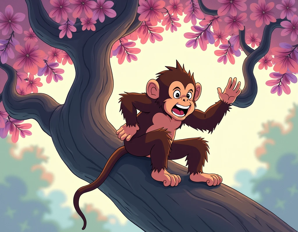 An illustration of a monkey sliding down a crape myrtle tree. anime it hurts