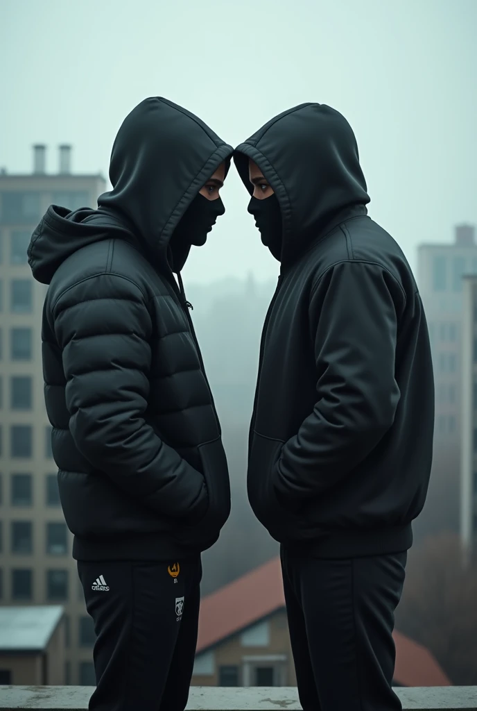 Two rival black brothers, 18 years old, faces masked with a shooter mask, dressed in drip on top of buildings dressed in black, photos taken behind their backs