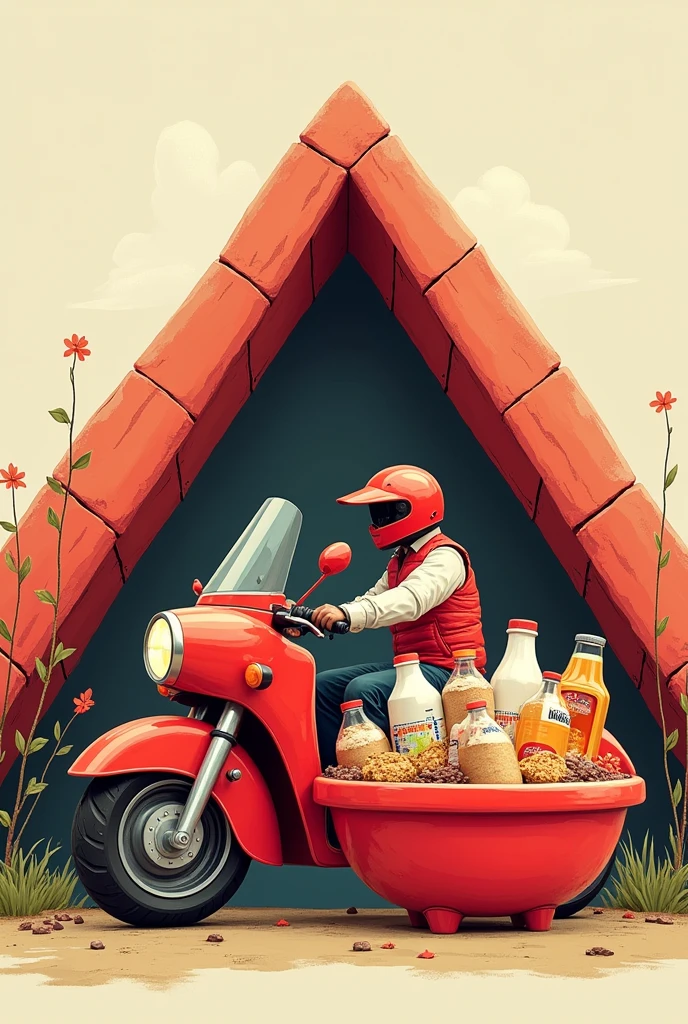 Large red motorcycle with a driver, with a large red basin with drinks, cereals, bottled milk, bean bag, packaged bread, excluding vegetables, behind the triangular roof of a hand-drawn cartoon style house