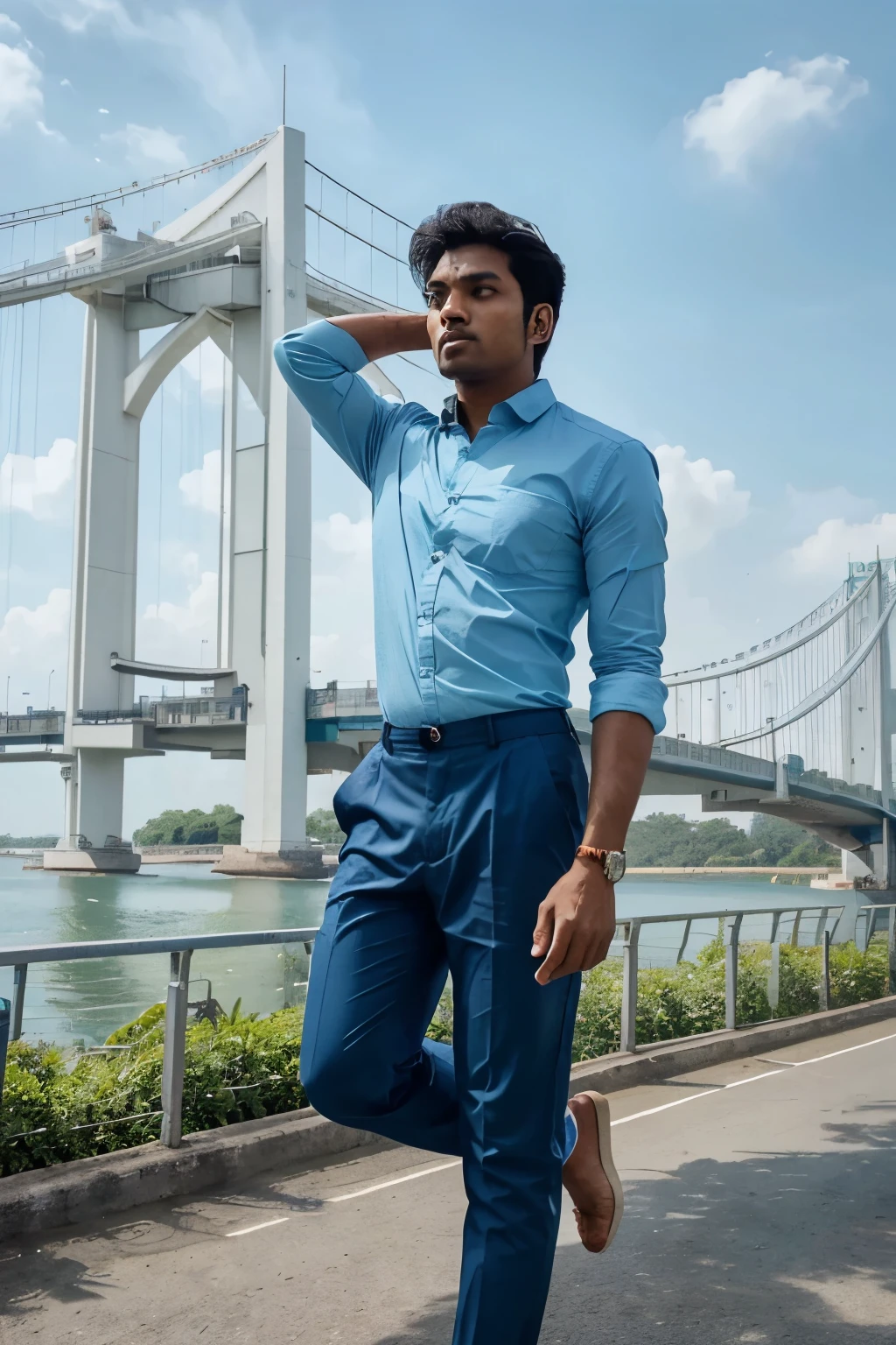 An Indian guy with a Microsoft logo printed in his left pocket where he is wearing a light blue shirt and black long pants, with his hair flying to the wind standing tall with a slightly over narrated tummy for the Indian national anthem in a realistic picture in a country called Brunei Darussalam with a shaded background of the famous bridge in the country