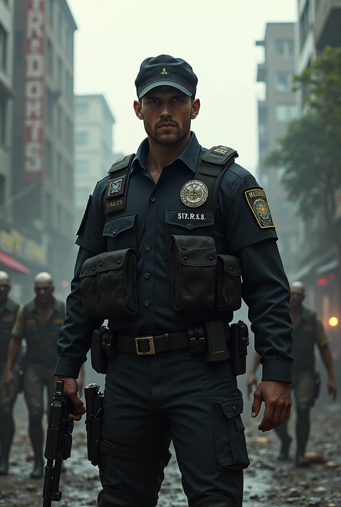 Create a Resident Evil Stars police officer who has Alex Garcia on his uniform and is fighting zombies