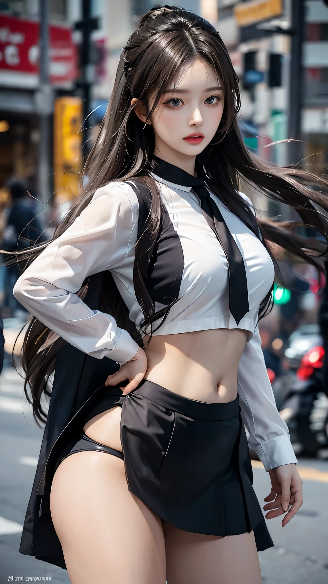 realistic, high resolution, 1 woman, butt up, beautiful eyes, gray hair, long hair, round eyes, collar shirt, belly button visible, black tie, black skirt, city street, Short skirts that show panties, dressed like a student