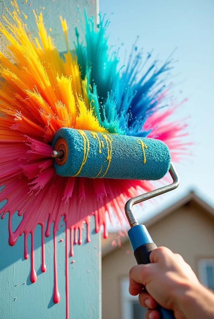 A large, high- quality image of a paint roller in action, with a splash of vivid paint colors emerging from it. Optionally, include a house partially painted in a fresh, modern color scheme to visually represent the service.