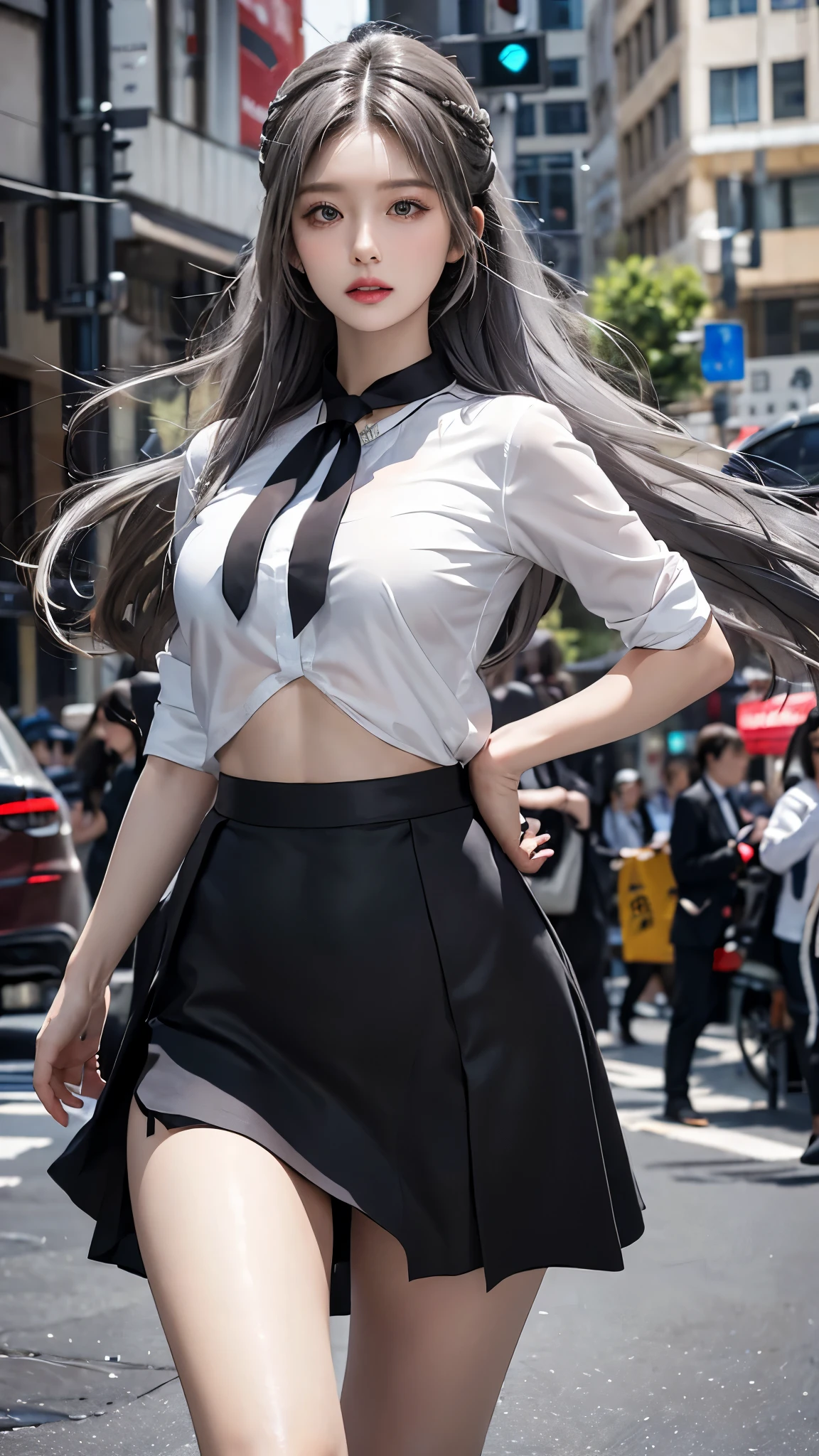 realistic, high resolution, 1 woman, butt up, beautiful eyes, gray hair, long hair, round eyes, collar shirt, belly button visible, black tie, black skirt, city street, Short skirts that show panties, dressed like a student