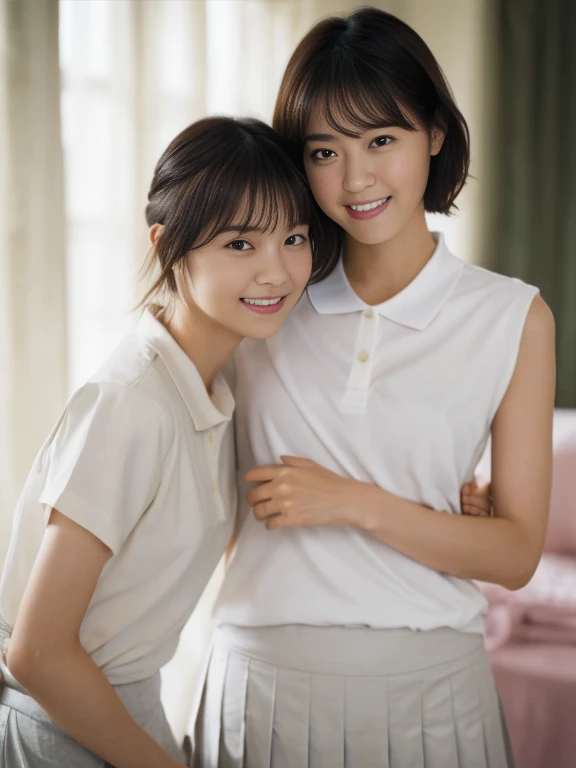 (Masterpiece, Best quality:1.3), (Ultra realistic, Photo-realistic:1.2), Natural light, 28 years old actress, Japanese beautiful 2 women, Neat and clean, (White tennis uniform, White short-sleeve polo shirt with darknavy line collar:1.1), (unbutton:1.3), (White pleated skirt:1.1), white sock, (short wavy hair:1.2), ponytail, (Beautiful faces), Oval face, clear, Beautiful eyes, Kind eyes, Clear skin, Small face, Beautiful mouth, Small mouth, Natural makeup, Approachable, Seductive smile, (Seductive pose:1.2), Beautiful thighs, Bedroom eyes, Embarrassed, Blush, Luxury hotel Suite room, On bed, (nsfw:1.1), obscene girls, (lesbian couple, petting together:1.１), grabbing crotch, erotic hug,