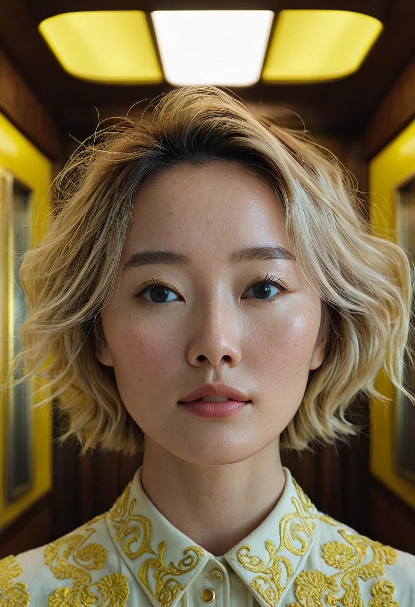 A full-body fashion portrait of one young, sultry woman with fair skin features unprecedented detail, showcasing intricately rendered texture that subtly accentuates every nano bump, curve, and contour. The skin's intricacies are illuminated by the way light reflects on the minute imperfections, accentuating the gentle slopes of her facial features. The pores are subtly visible, adding to the hyper-realistic effect. The scene is set in a modern, reflective indoor space with metallic and glass elements, now infused with a vibrant, nostalgic color palette reminiscent of Wong Kar-wai's cinematography. The camera angle is slightly askew, as if viewed through a slightly tilted lens, adding to the sense of whimsy and nostalgia. Dynamic pose with enigmatic expression, with a hint of Wes Anderson's signature quirkiness. With a shallow depth of field, the background is blurred, making the woman the clear subject of focus. Rembrandt lighting casts dramatic shadows, adding an air of mystery to the scene, drawing the viewer's attention to her. The metallic sculpture in the background is now adorned with intricate, symmetrical patterns, and the elevator's yellow sign is more prominent, evoking a sense of nostalgic wonder. The overall mood is dreamy, yet playful, blending the sensibilities of both cinematic styles.