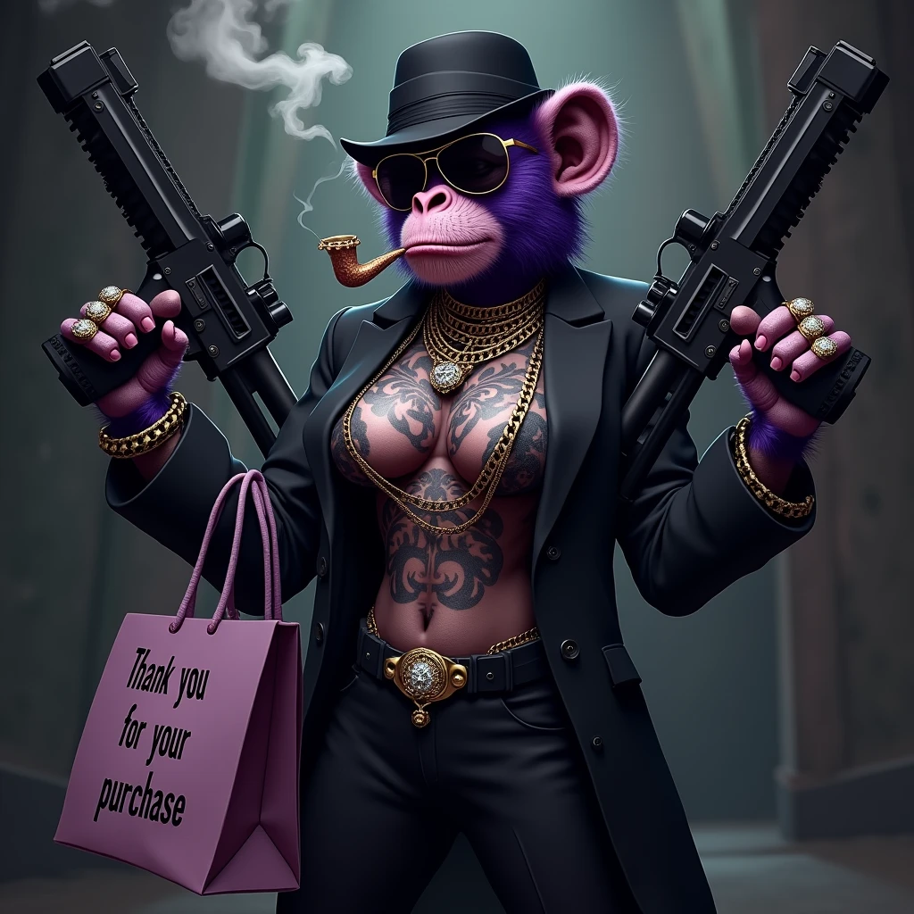 1 female purple monkey, With giant and high-caliber weapons, in a black gangster suit with chains, hat and glasses, tattooed, with huge diamond and gold rings, smoking with a pipe, with a shopping bag. A text that says "Thank you for your purchase"