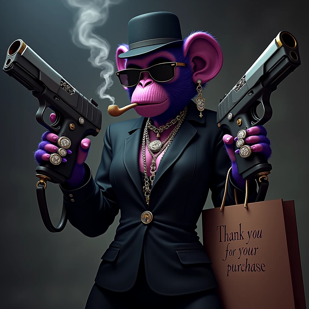 1 female purple monkey, With giant and high-caliber weapons, in a black gangster suit with chains, hat and glasses, tattooed, with huge diamond and gold rings, smoking with a pipe, with a shopping bag. A text that says "Thank you for your purchase"