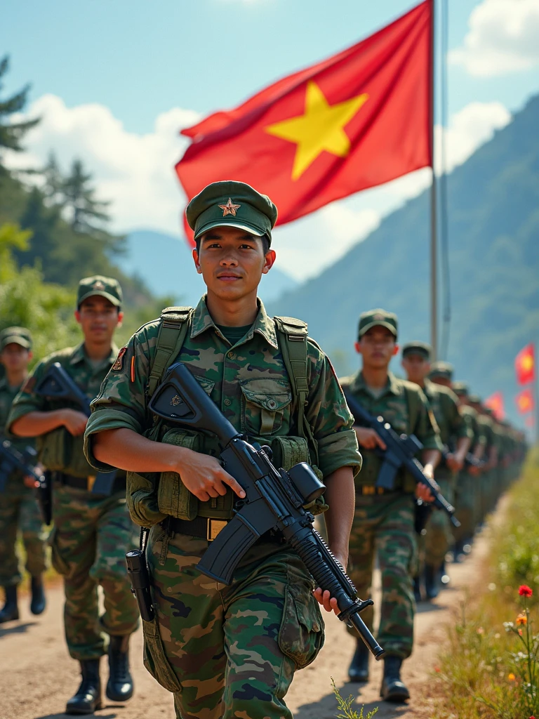 Images of the Vietnamese military often include the following elements:
1. **Uniform**: Soldiers often wear green or camouflage uniforms, representing camouflage in mountainous environments. Baseball caps or pith helmets are also part of the uniform. Soldiers sometimes carry equipment such as backpacks, belts, and personal weapons.
2. **Activities**: The Vietnamese military may be depicted in training activities, patrolling, or participating in border and territorial protection campaigns. These activities often take place in natural environments such as mountains or plains.
3. **Military equipment**: Images may also include military vehicles such as tanks, armored vehicles, helicopters, or other heavy weapons. The Vietnamese military also uses air defense systems and other tactical weapons.
4. **Spirit**: Images of the Vietnamese military often show fighting spirit, resilience and patriotism. Soldiers are often depicted with serious expressions, focused and ready to carry out their missions.
5. **Parades**: During national events or celebrations, images of the Vietnamese military may include parades with neat ranks, red flags with yellow stars, and soldiers marching in unison, demonstrating strength and solidarity.