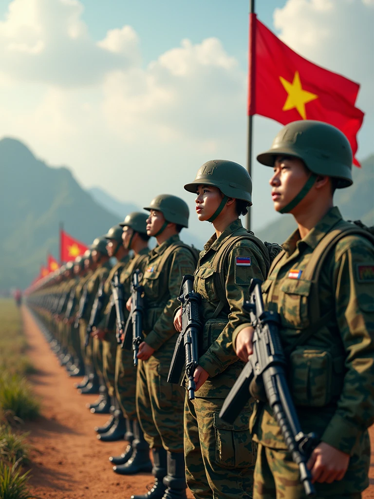Images of the Vietnamese military often include the following elements:
1. **Uniform**: Soldiers often wear green or camouflage uniforms, representing camouflage in mountainous environments. Baseball caps or pith helmets are also part of the uniform. Soldiers sometimes carry equipment such as backpacks, belts, and personal weapons.
2. **Activities**: The Vietnamese military may be depicted in training activities, patrolling, or participating in border and territorial protection campaigns. These activities often take place in natural environments such as mountains or plains.
3. **Military equipment**: Images may also include military vehicles such as tanks, armored vehicles, helicopters, or other heavy weapons. The Vietnamese military also uses air defense systems and other tactical weapons.
4. **Spirit**: Images of the Vietnamese military often show fighting spirit, resilience and patriotism. Soldiers are often depicted with serious expressions, focused and ready to carry out their missions.
5. **Parades**: During national events or celebrations, images of the Vietnamese military may include parades with neat ranks, red flags with yellow stars, and soldiers marching in unison, demonstrating strength and solidarity.