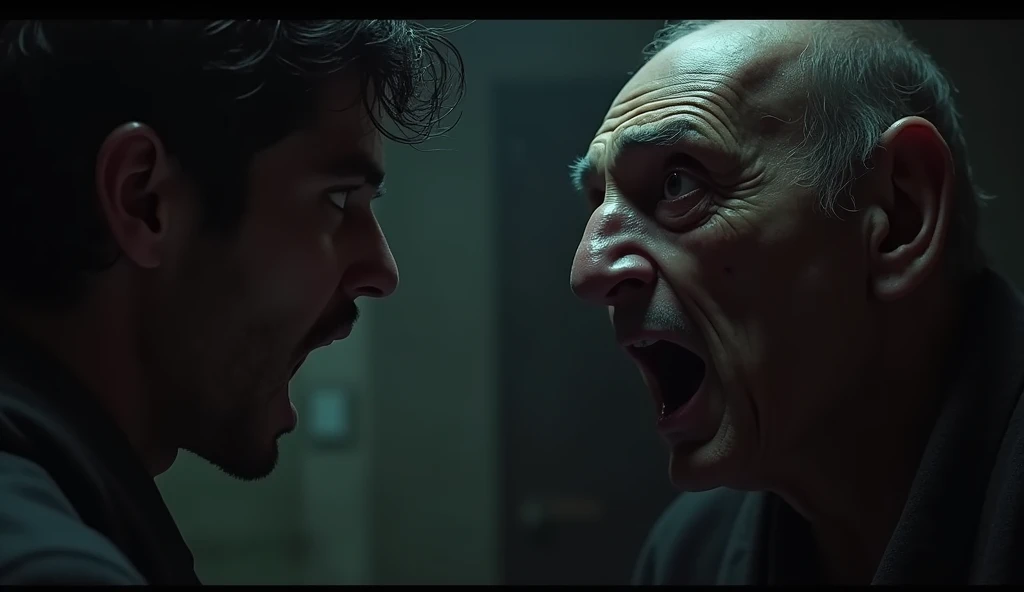 Vikram's face showing sheer terror as he looks at the old man.
