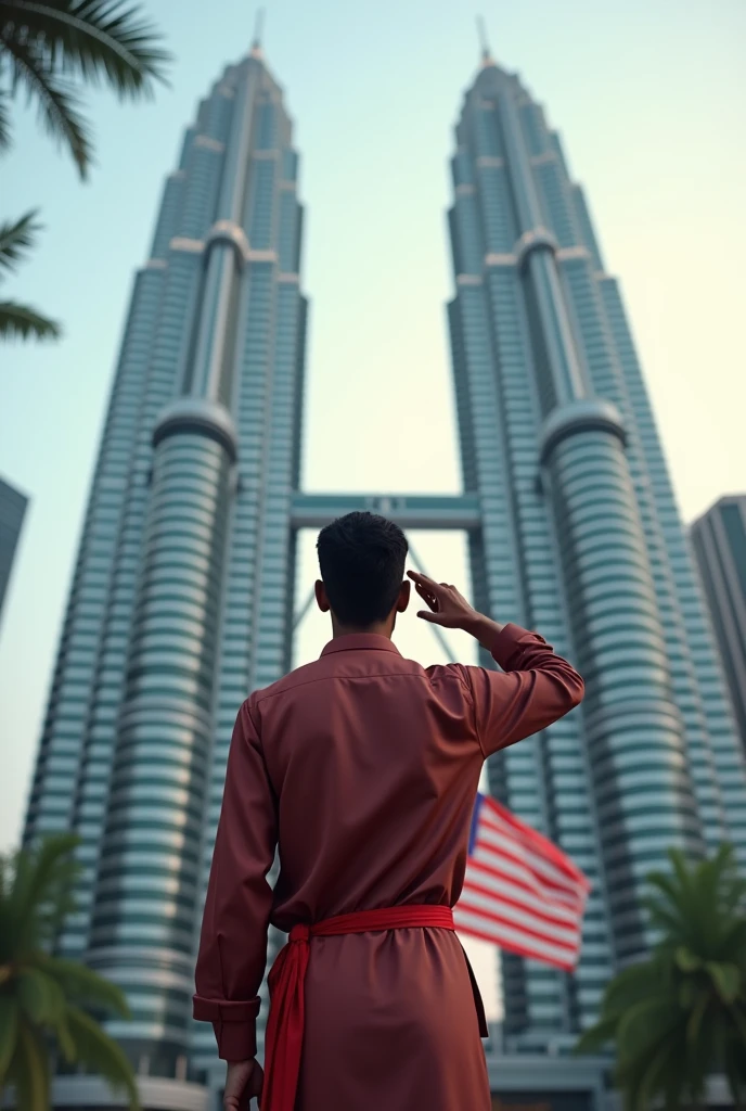 20 years old tamil boy salute for the Malaysia flag in front of Twin Tower

