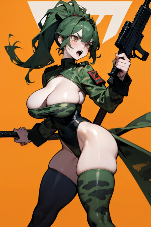  thick hips,  thick thighs, platform heels, high cut leotard, bandeau top, huge breast, thin waist, ponytails hair, weapon, pale skin, gun, angry look,  scream, thick body, tight stockings, military camouflage, 