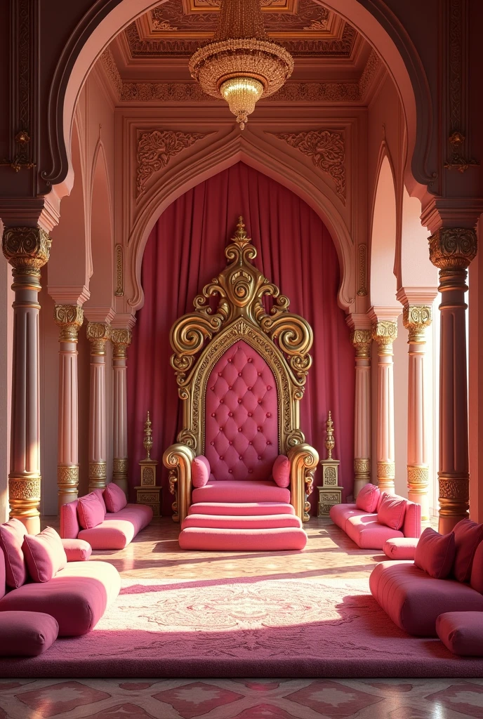 (photorealism:1.2), pink harem Arabian throne room, realistic, intricate details