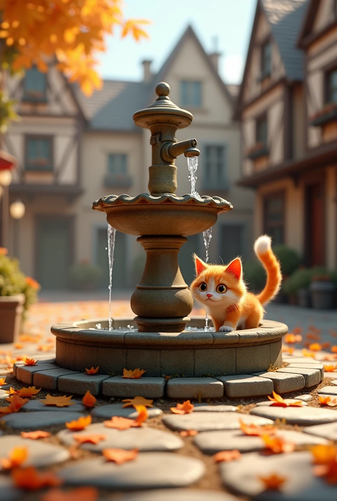 Create cat story in 3d style"
Old Fountain:** A classic, ornate stone fountain in the village square, surrounded by fallen autumn leaves."