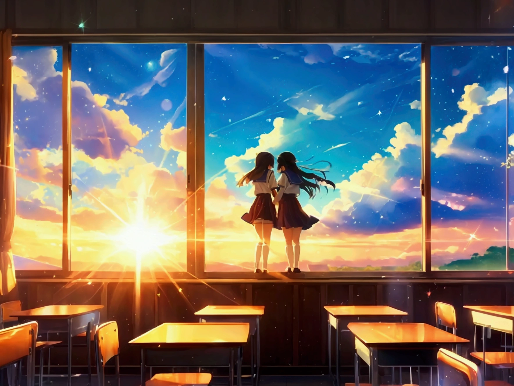 School of Fantasy、classroom、magic、Sunlight pouring through the window、Sparkling dust、Delicate anime style background