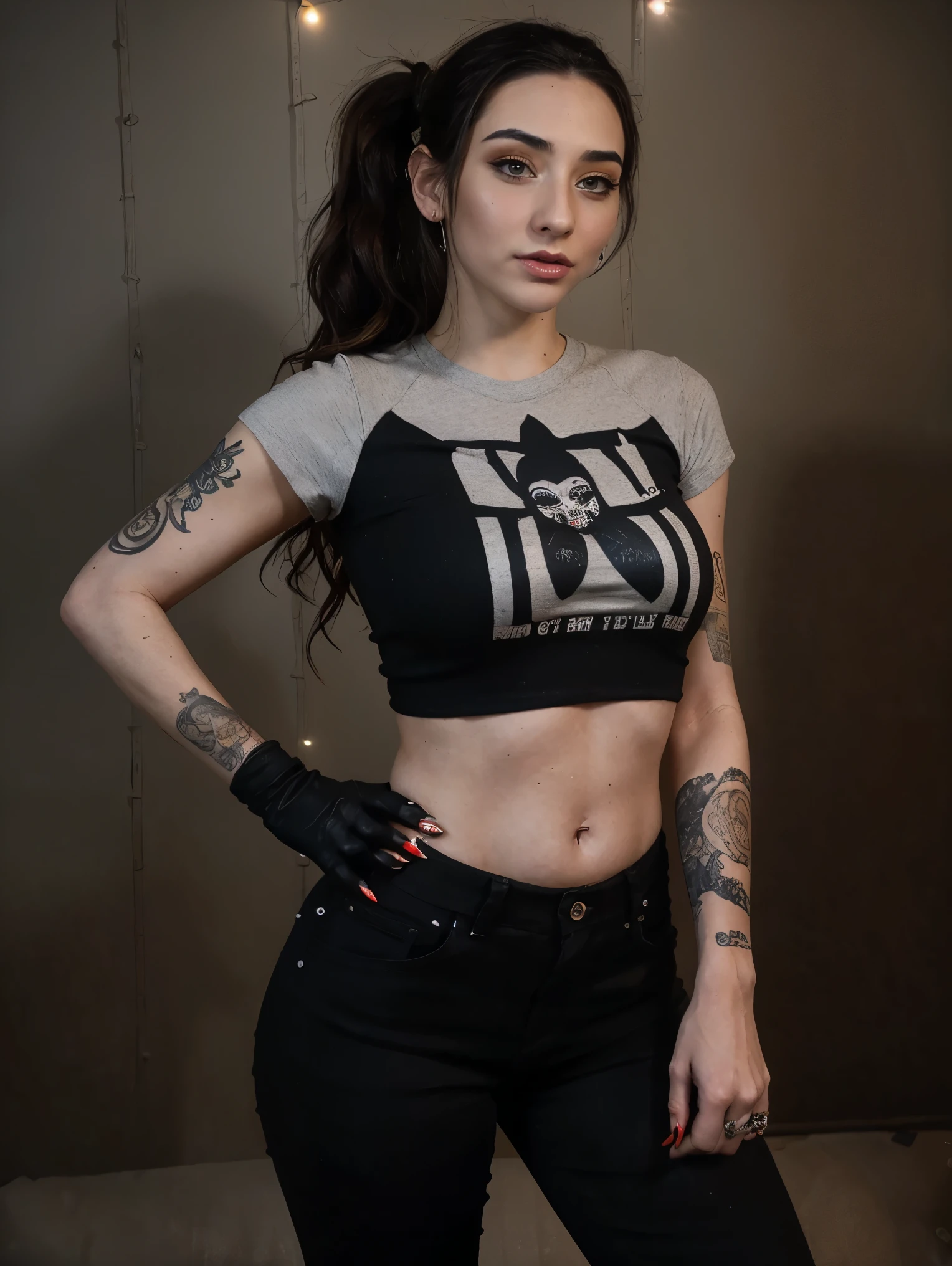 Extremely busty thin and toned brunette death metal girl, strung out, sleepy, stoned, fair skin, big hair, huge ponytail, hair pulled back, soft face, athletic, heavy makeup, piercings, t-shirt, tee shirt, studs, black pants, boots, fingerless gloves. black butterfly tattoos. standing in a dark alley at night. Outdoors, exterior, Nighttime. neon lights. (detailed background.) Grim. sly, bitter, evil, mean, angry.