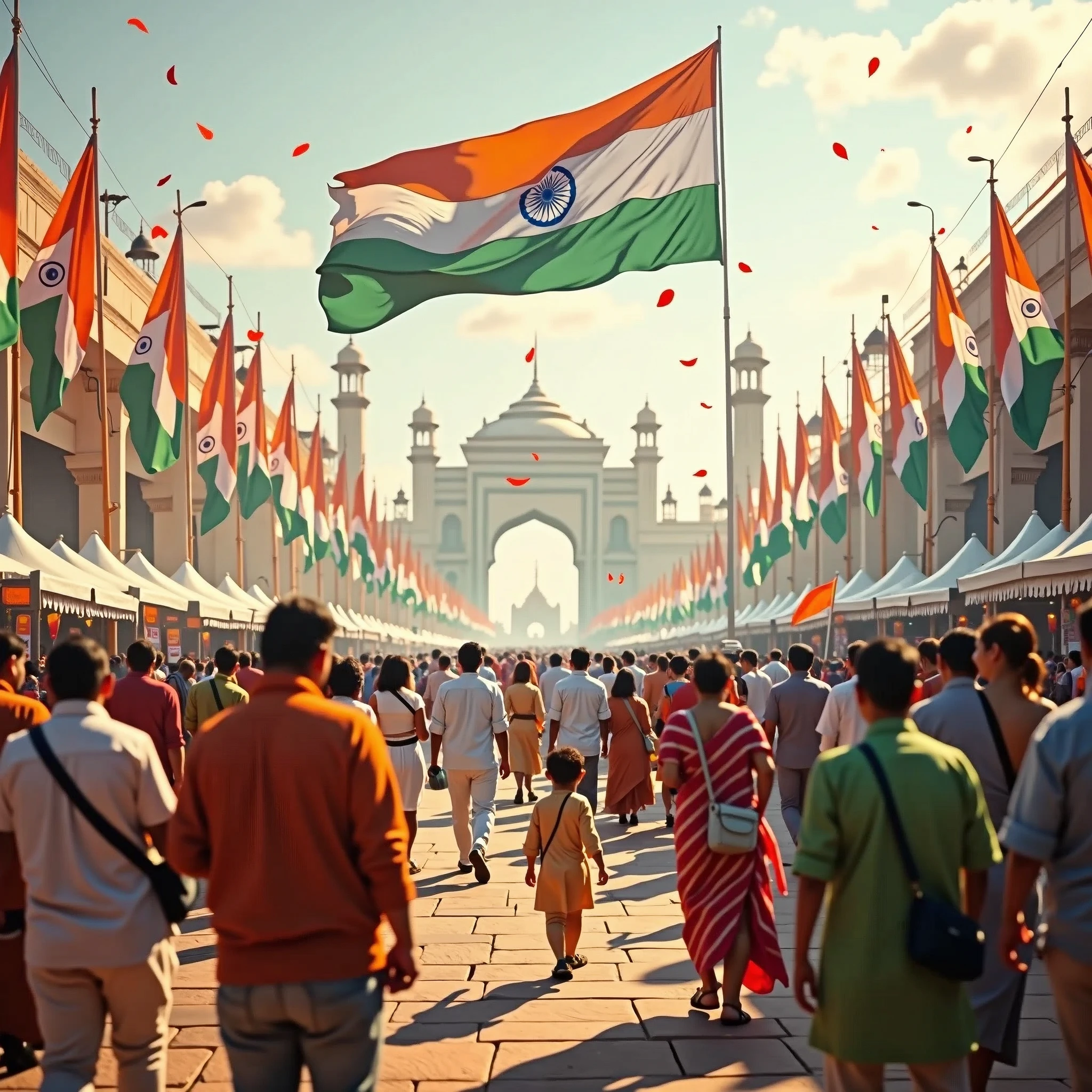 “A high-end, detailed image capturing the essence of India’s Independence Day celebration in a modern city. The scene is set in a large, bustling public square adorned with vibrant saffron, white, and green decorations. A massive Indian flag waves proudly in the center, surrounded by a diverse crowd of people from all walks of life. They are dressed in a mix of traditional and contemporary attire, representing the rich cultural heritage of India.

The atmosphere is lively and festive, with child