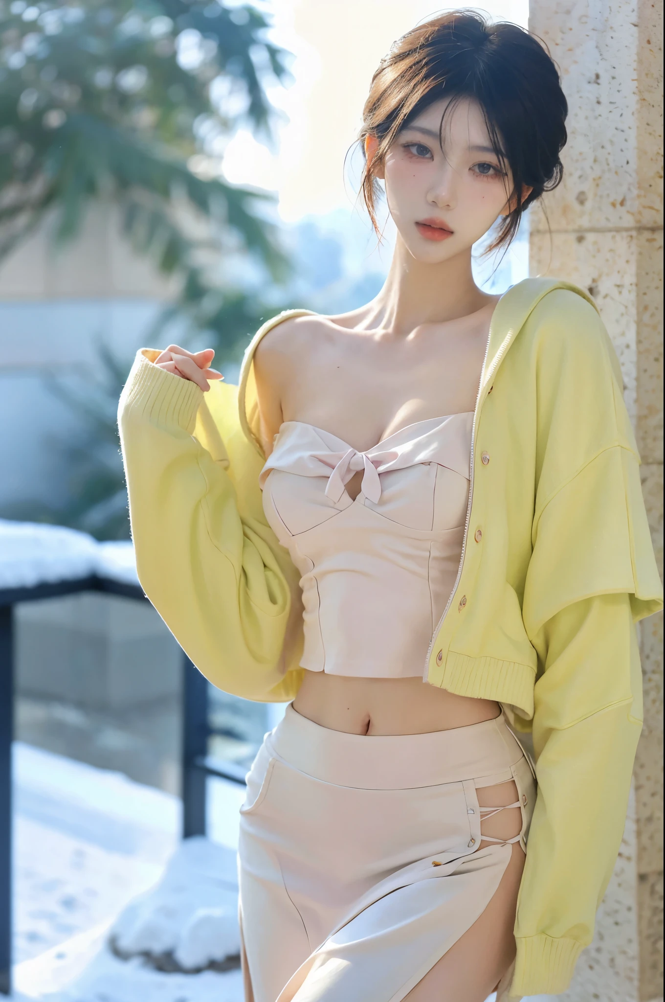 (masterpiece, best quality, highres, realistic, intricate details:1.2), (perfect beautiful detailed eyes:1.2), (glowing iris:1), (detailed light:1.2), rim lighting, 3/4 shot, (vintage photography:1.4), (1950s style, pin-up, sexy:1.2), rebel, (muted colors:1.4), 1girl, 20 years old, <lora:ZH_PFLopez:1.0> 1girl, zh_pflopez, solo, realistic, long hair, looking at viewer, parted lips, mahogany retro ponytail, purple eyes, multicolored hair, parted bangs, butterfly hair ornament, lipstick, blush, light freckles, medium breasts, thick thighs, pale skin, skindentaion, (red silk neck scarf), (black midriff off shoulder sweater:1.2), high waisted pleated tweed skirt, kochou shinobu, haori, wide sleeves, long sleeves, black pants, black jacket, belt, black thighhighs, (1950s floral wallpaper background:1.1), <lora:kochou_shinobu_v1.2:0.9>