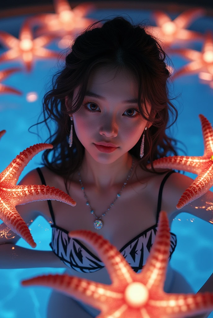 ultra HD,32k,face,holding glowing colorful huge star fishs, night,pool,RAW photo,ultra realistic photo,beautiful Japanese idol,kawaii,vivid, grow, 16yo,big eyes,detailed skin,clavicle,wavy and medium hair,detailed bikini with geometrc print,floating in pool,necklace,earrings,detailed shadow,gravure,wistful smile, looking at viewer,colorful lighting, surreal
