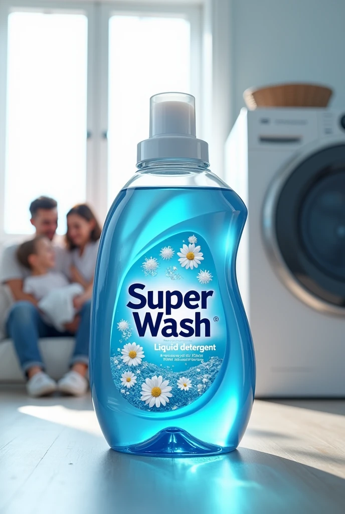 Super wash logo on liquid detergent Ocean Blue transparent clear liquid bottle with Laundry background and wishing machine with family with drying clothes