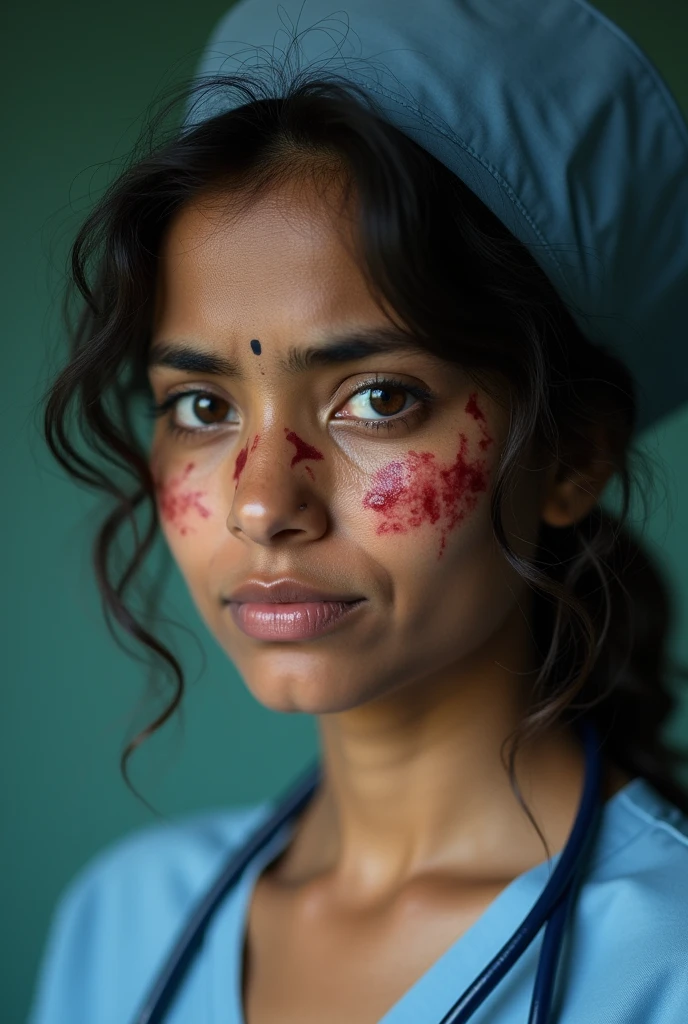 A Indian women approx age of 24 who wearing nurse dress with lots of scratch on her face and slightly red rashes because of abuse image size 720x1280