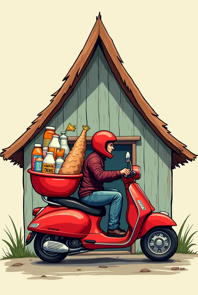 Large red motorcycle with a driver, with a large red basin with drinks, cereals, bottled milk, bean bag, packaged bread, excluding vegetables, behind the triangular roof of a hand-drawn cartoon style house