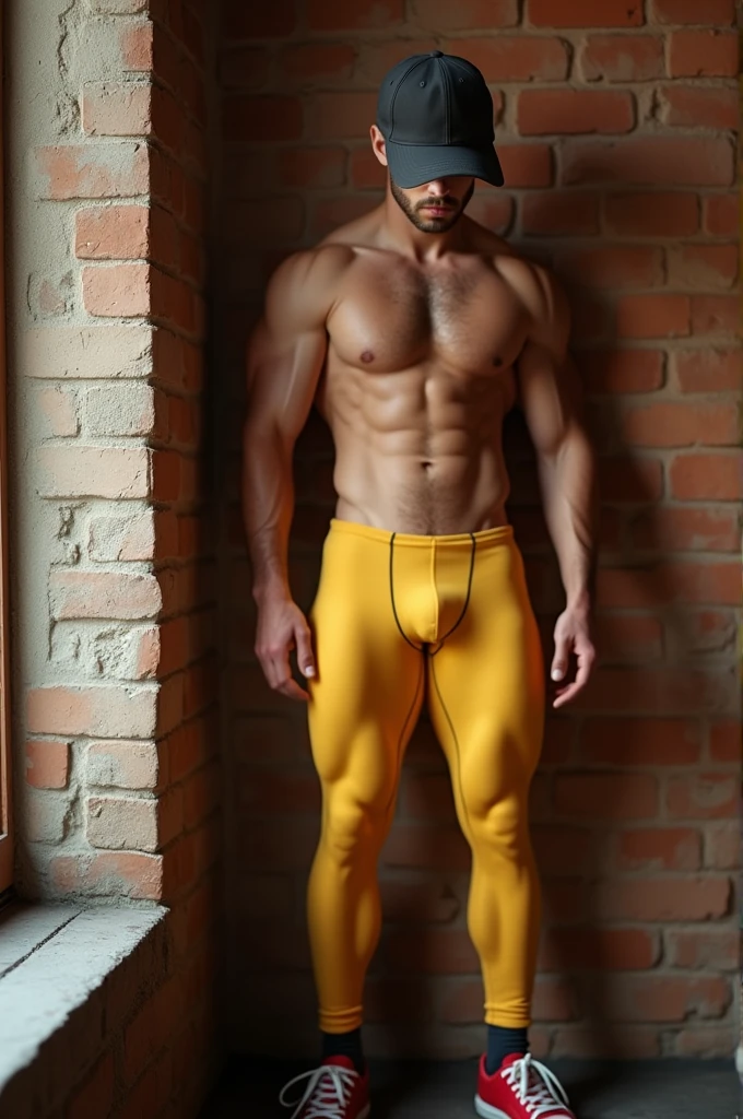 A muscular man in a yellow spandex bikini, A large bulge between his legs, tanned white skin, a 19-year-old man, with a straight nose and trimmed brown beard, wearing a dark colored cap with his head down and the shadow of the cap concealing the features of his face, that he has short leg hair, leaning against a terracotta brick wall in a gym window, that his legs are slightly open,  red tennis shoes with dark socks, with his arms resting on the wall 