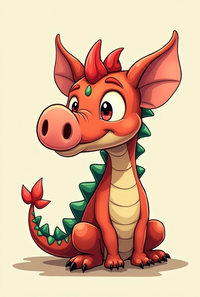 A small cute red green dragon (masculine) with a pig nose as a comic drawing