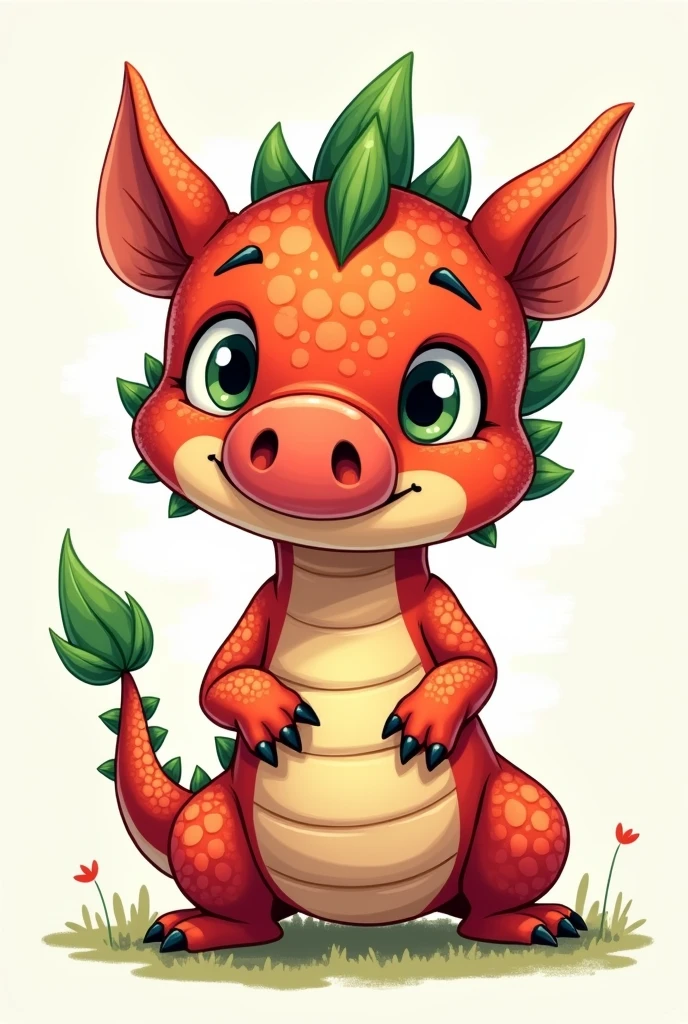 A small cute red green dragon (masculine) with a pig nose as a comic drawing