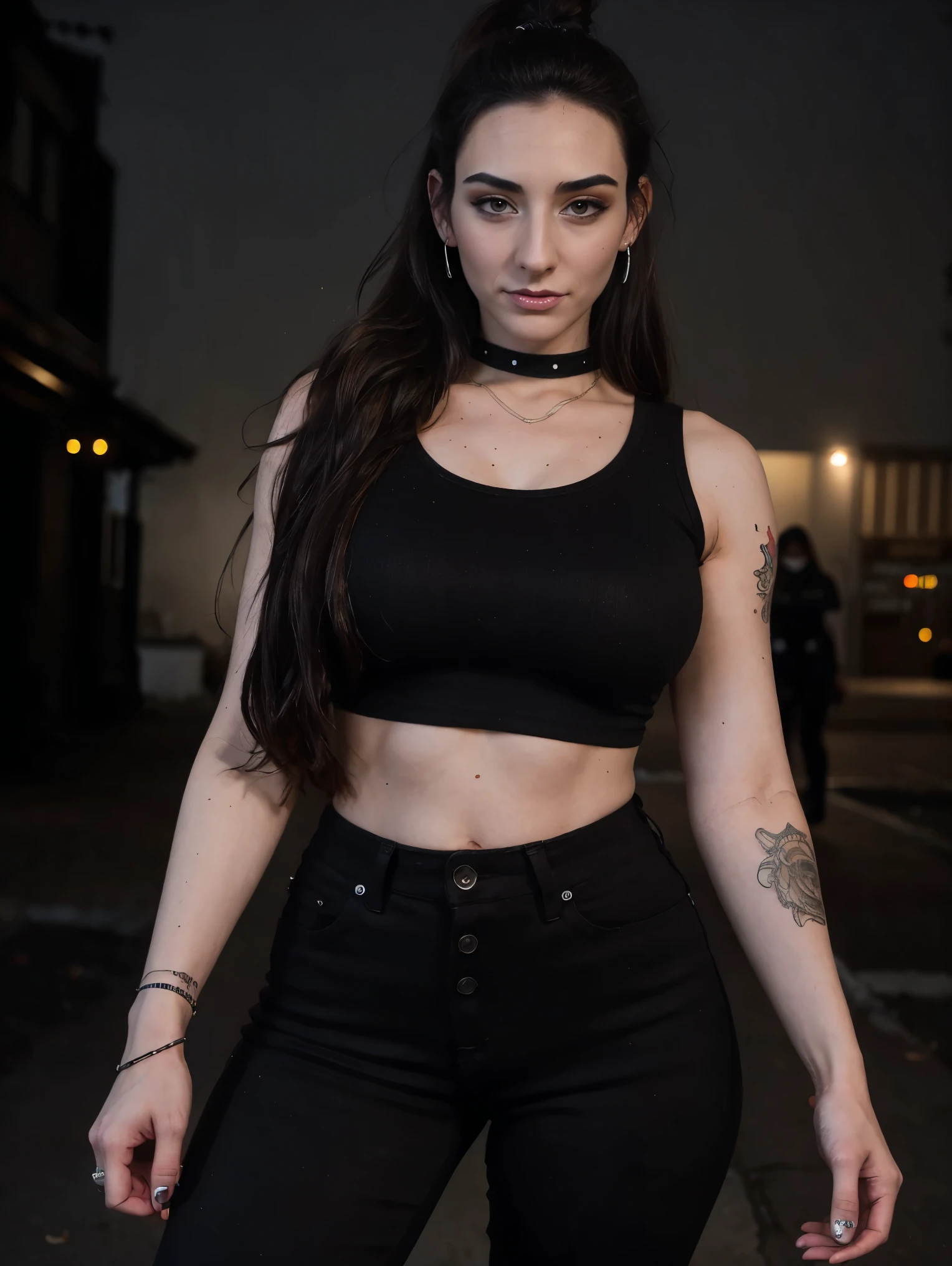 Extremely busty thin and toned brunette death metal girl, strung out, sleepy, stoned, fair skin, big hair, huge ponytail, hair pulled back, soft face, athletic, heavy makeup, piercings, t-shirt, tee shirt, studs, black pants, boots, fingerless gloves. black butterfly tattoos. standing in a dark alley at night. Outdoors, exterior, Nighttime. neon lights. (detailed background.) large breasts, Grim. sly, bitter, evil, mean, angry.