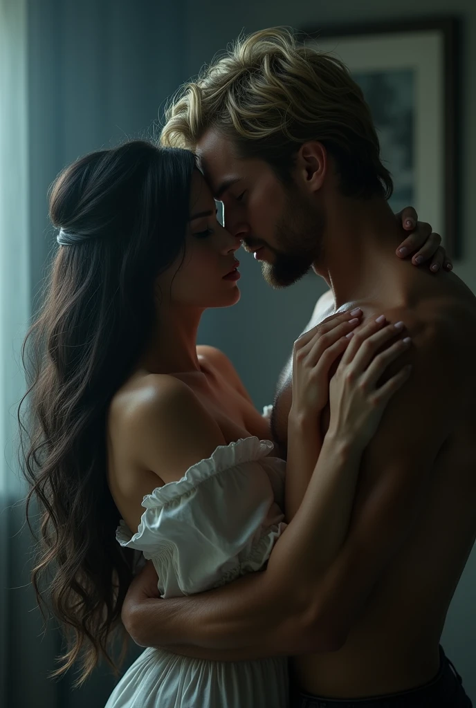 Prompt for Eliza Stark and Jaime Lannister in an Intimate Embrace: Description: Eliza Stark: Beautiful woman, black hair, young, curvy, wearing medieval nightwear or partially covered by sheets, played by Rachel Weisz. Detailed face, porcelain skin, pained expression. Jaime Lannister: Handsome man, blonde hair, shirtless or partially covered by sheets, played by Bradley James. Detailed face, rugged features, relaxed and intimate expression. Setting: In a medieval-style bedroom with soft, warm lighting. The setting should be luxurious but fitting within the "Game of Thrones" world. Lighting: Soft, warm candlelight or moonlight filtering through a window, creating a cozy and intimate ambiance. Rim lighting to accentuate their features and the tenderness of the moment. Specific Elements: Mood: Tender, intimate, and loving. Both characters are embracing each other under the sheets, with a sense of warmth and closeness. Composition: Centered, half-body shot, with both characters in the foreground. Detailed portrait with emphasis on their expressions and the intimacy of the moment. Detailed Background: The bedroom should include medieval elements such as wooden furniture, a canopy bed with heavy drapes, and soft bedding. The ambiance should be warm and cozy, with the soft lighting enhancing the intimate atmosphere.