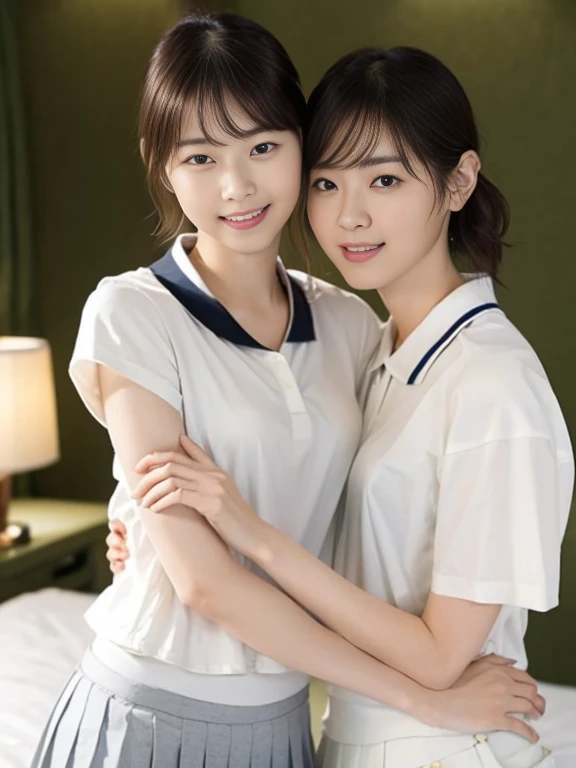 (Masterpiece, Best quality:1.3), (Ultra realistic, Photo-realistic:1.2), Natural light, 28 years old actress, Japanese beautiful 2 women, Neat and clean, (White tennis uniform, White short-sleeve polo shirt with darknavy line collar:1.1), (unbutton:1.3), (White pleated skirt:1.1), white sock, (short wavy hair:1.2), ponytail, (Beautiful faces), Oval face, clear, Beautiful eyes, Kind eyes, Clear skin, Small face, Beautiful mouth, Small mouth, Natural makeup, Approachable, Seductive smile, (Seductive pose:1.2), Beautiful thighs, Bedroom eyes, Embarrassed, Blush, Luxury hotel Suite room, On bed, (nsfw:1.1), obscene girls, (lesbian couple, petting together:1.1), grabbing crotch, erotic hug,